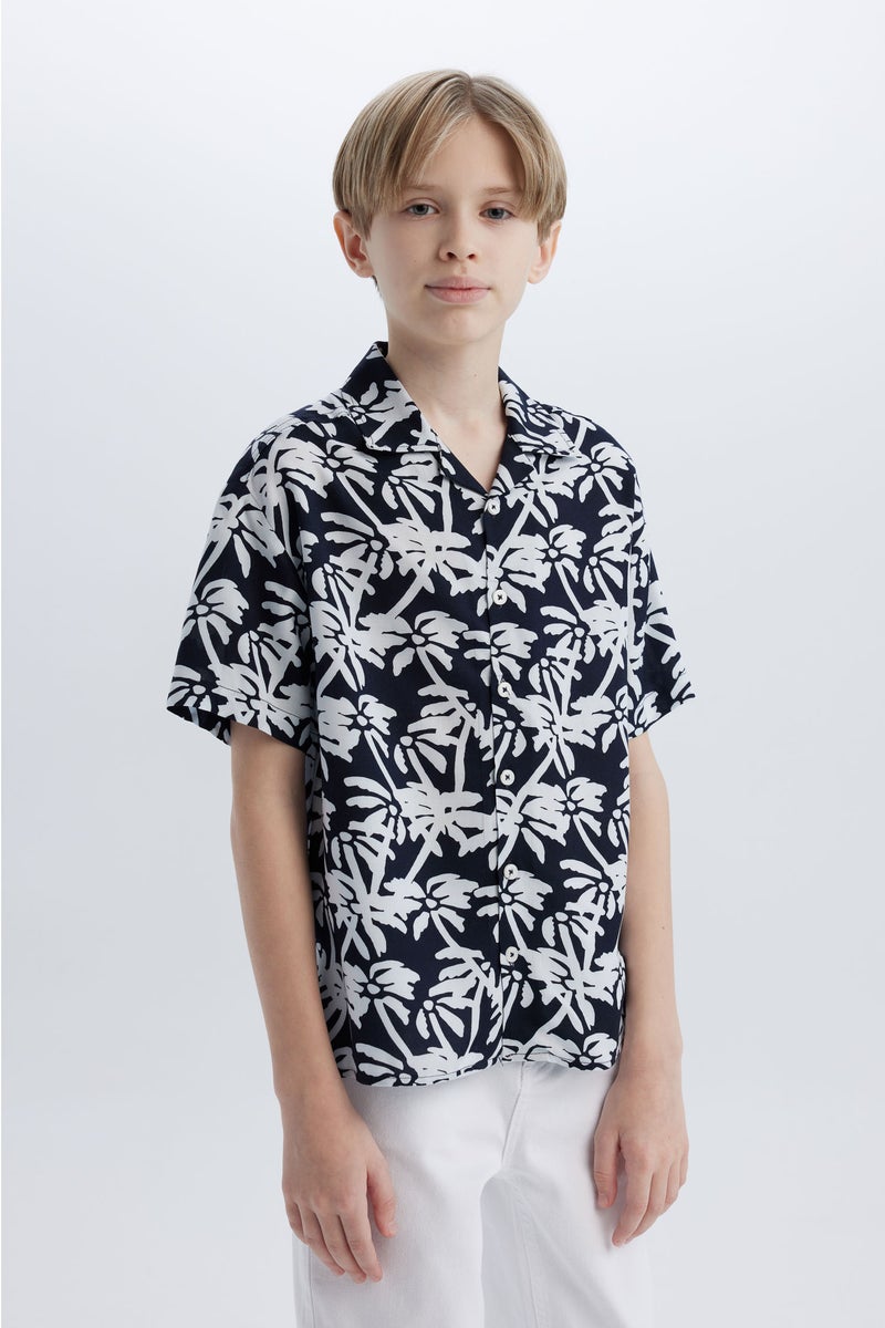 DeFacto Blue Boy Boy Oversize Fit Polo Neck Patterned Short Sleeve Shirt Casual - Image 4